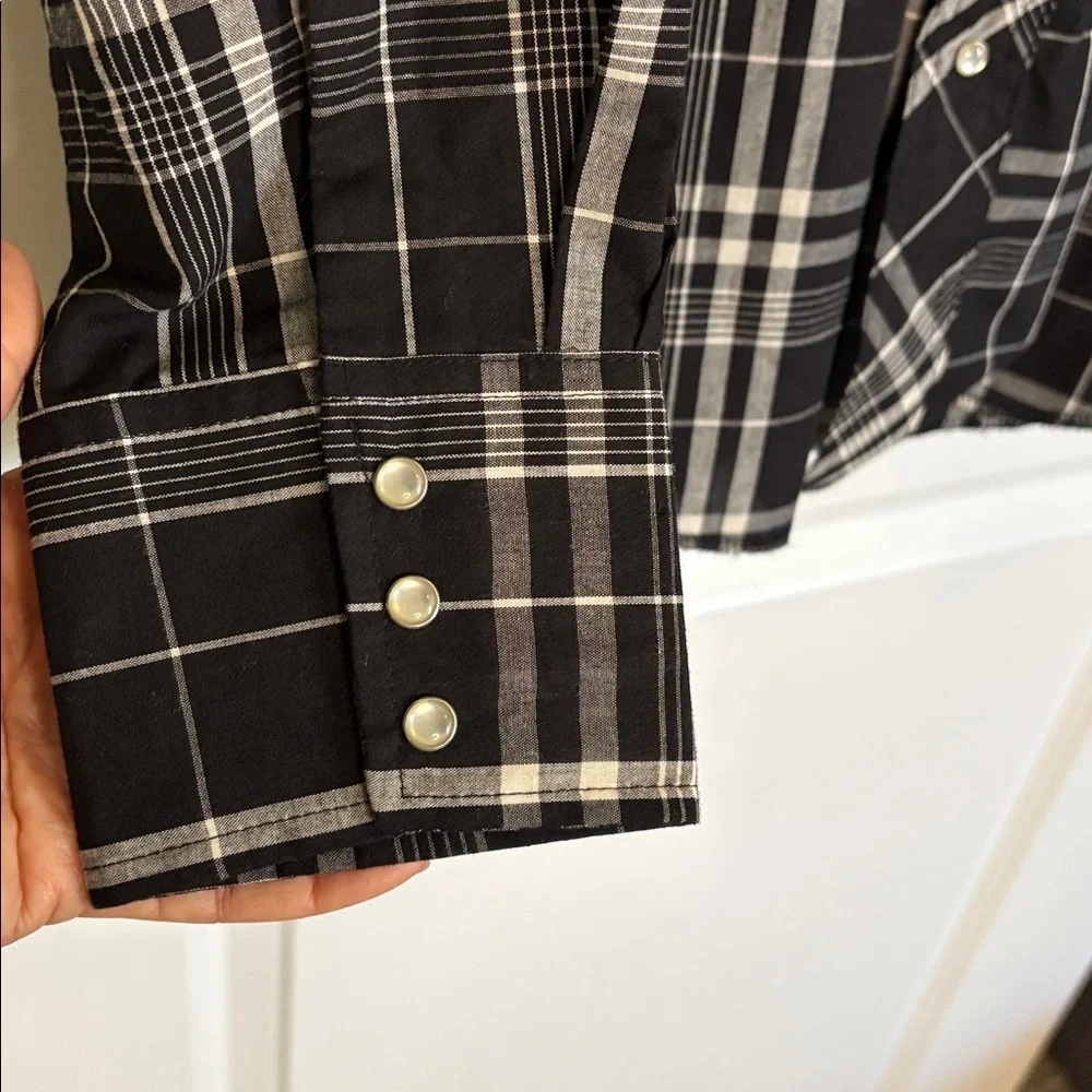 Wrangler Western Plaid Shirt Pearl Snap Long Sleeve Black White Size Large - Picture 6 of 12